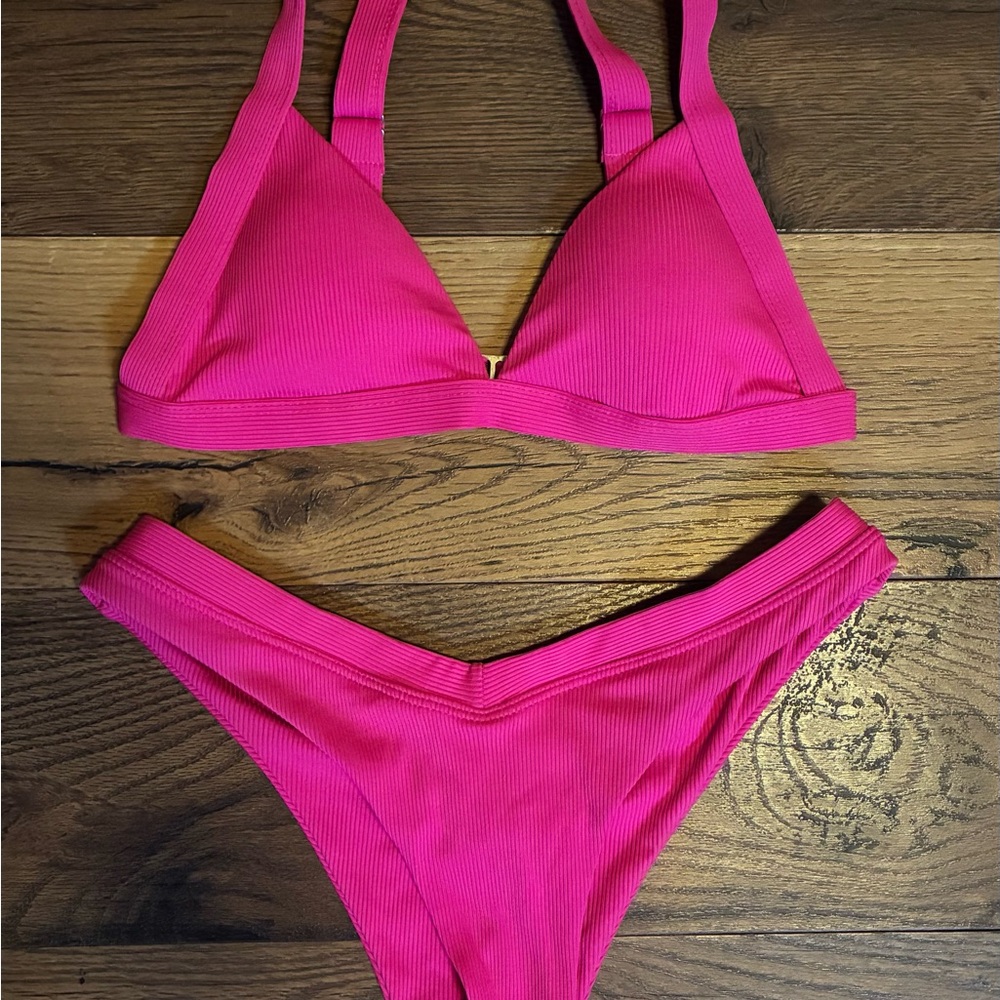 SHEIN Hot Pink Ribbed Triangle Bikini Set